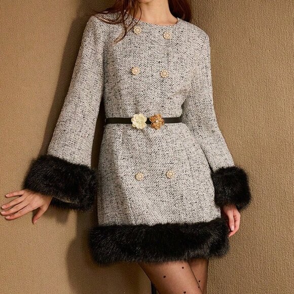 Black And White Elegant Women's Premium Tweed Faux Fur Mini Dress - Picture 1 of 7
